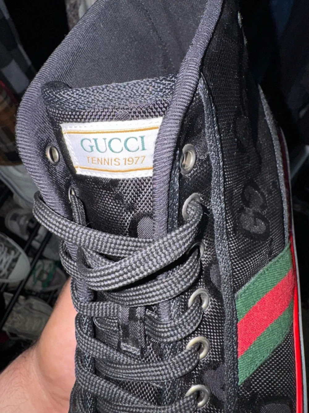 Gucci Black High-Top Sneakers with Red & Green Web Stripe - Picture 3 of 3